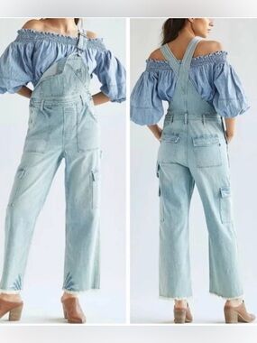 Pilcro The Lex Denim Overalls Size 33T Frayed Hem Cargo Pockets Festival Grunge